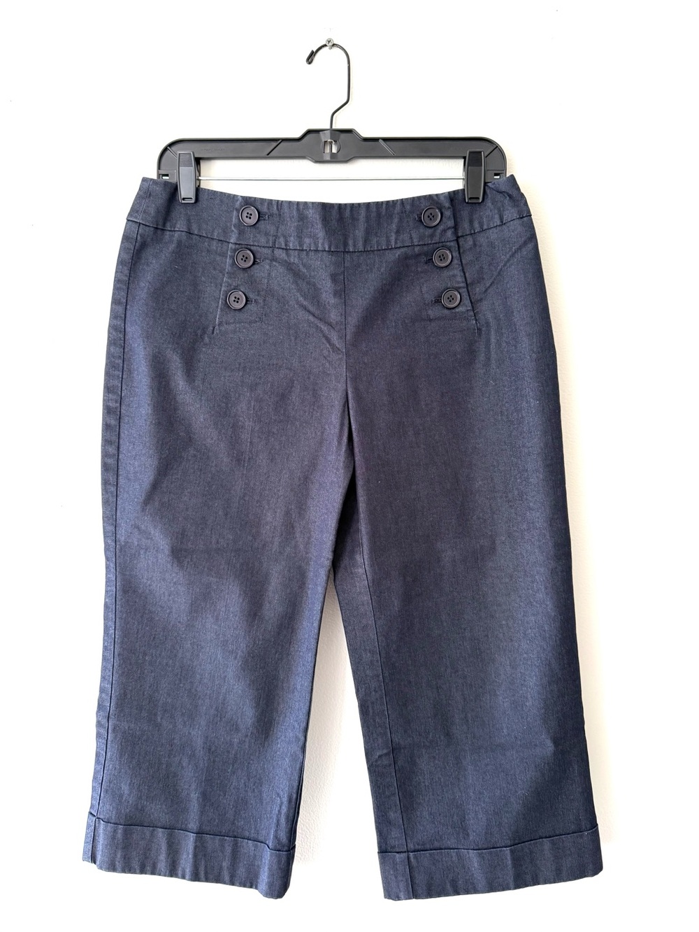 New York & Company Dark Indigo Nautical Sailor Capri Pants Crop Trousers EUC 6